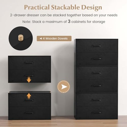 2-Drawer Stackable Dresser, Horizontal Storage Cabinet (1, Black) | Lateral File Cabinet | Stacking Drawer Chest | Metal Handle | Anti-Topping Kits | For Living Room, Study, Office - color: Cherry
