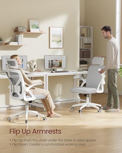 VASAGLE Office Chair, Adjustable Mesh with Lumbar Support and Headrest | Ergonomic desk chair, 90-105° tilt function, wide seat, flip-up armrests, Dove Gray UOBN044GD01S - color: Dove Gray, size: Set of 1, style: Office Chair With Headrest