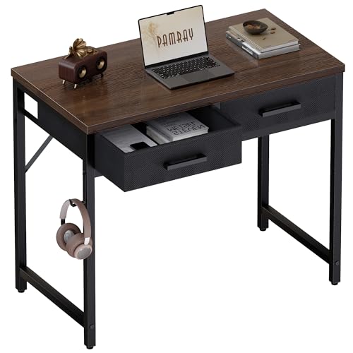 Pamray 32 Inch Small Computer Desk with 2 Drawers for Bedroom Study Writing Home Office Table for Small Spaces Brown - color: Brown, size: 32 Inch