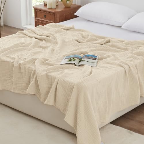 Love's cabin 100% Cotton Muslin Blanket, 6 Layer Lightweight Breathable Gauze Queen Size Blanket 90 x 90 Inches, Soft All Season Blanket for Bed, Beige - color: Beige, size: Queen(90"x90")