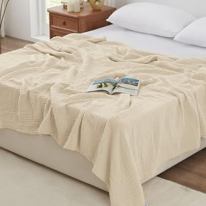 Love's cabin 100% Cotton Muslin Blanket, 6 Layer Lightweight Breathable Gauze King Size Blanket 108 x 90 Inches, Soft Summer Blanket for Bed, Beige - color: Beige, size: King(108"x90")