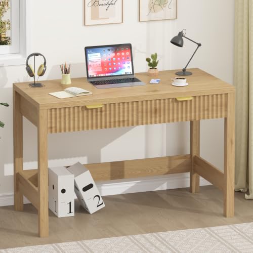 39 Inch Small Fluted Computer Desk with 2 Drawers for Bedroom, Home Office | Small Computer Desk with Storage, Compact Writing Study Desk for Small Spaces, Oak - color: Oak, size: 39-Inch Desk