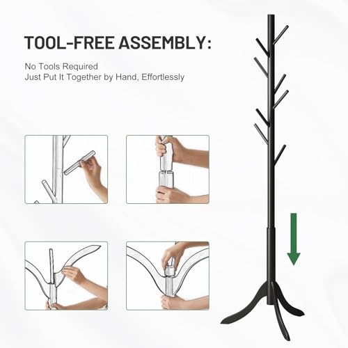 kiplant Black Coat Rack Stand, Bamboo Wood Freestanding Coat Tree with 8 Hooks, Hallway Entryway Hat Hanger Organizer Standing for Bedroom, Office, Clothes, Jackets, Bags, Umbrallas - color: Black