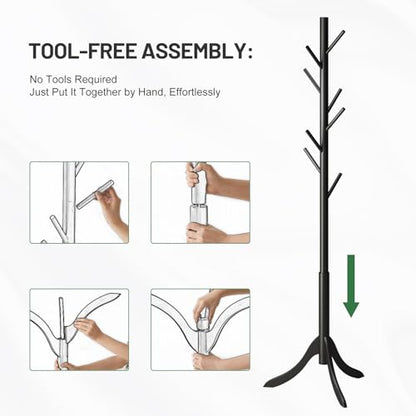 kiplant Black Coat Rack Stand, Bamboo Wood Freestanding Coat Tree with 8 Hooks, Hallway Entryway Hat Hanger Organizer Standing for Bedroom, Office, Clothes, Jackets, Bags, Umbrallas - color: Black