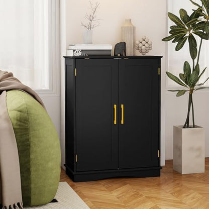 Tangkula Bathroom Floor Storage Cabinet, 31.5" H Freestanding Pantry Cabinet with 2 Doors and Adjustable Shelves, Kitchen Cupboard for Living Room, Dining Room, Bathroom (Black, 31.5" H)