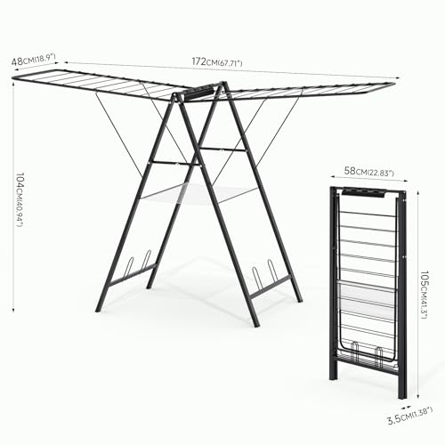 6 Height Adjustable Clothes Drying Rack with Shoe Slots, Black | Pre-Assembled, Stable Load Structure, 22 Drying Rails, Foldable Space-Saving For Efficient Indoor & Outdoor Airflow Drying - color: Black