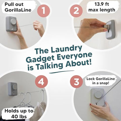 Max – Retractable Clothesline Indoor Outdoor, Non-Sagging Heavy Duty Clothes Drying Line, Wall Mounted Drying Rack, Air Dry Clothing, Max Tighten with GorillaGrip - style: Light Gray - Upgraded Model