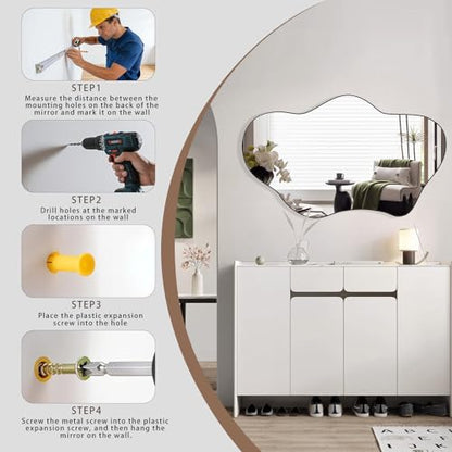 Irregular Wall Mirror, 24"x36" Wavy Cloud Bathroom Vanity Mirrors | Unique Asymmetrical Abstract Mirror with Tempered Glass for Bedroom, Living Room, Entryway, Hallway, Cloakroom - size: 36"L x 24"W
