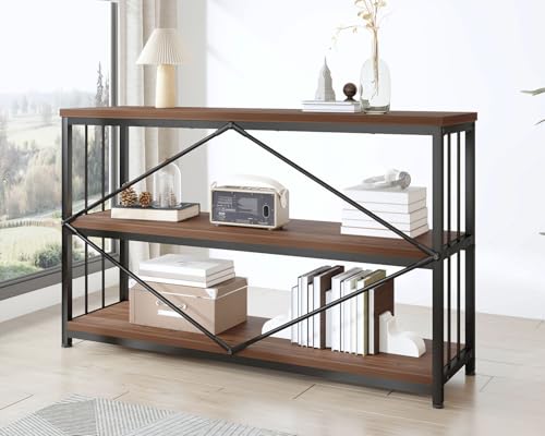 Industrial Bookshelf, Wood and Metal Horizontal Shelves Walnut 47 Inch | 3-tier Rustic Low Wide Bookcase with Large Open Storage, Farmhouse Simple Display Shelf for Home Office Living Room Kitchen - color: Walnut, size: 47 Inch