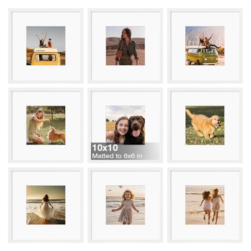 10x10 Picture Frame White Set of 9, Square Photo Frames Matted 6x6 with Plexiglass for 6x6 with Mat or 10x10 without Mat for Table and Wall Display - color: White, size: 10x10