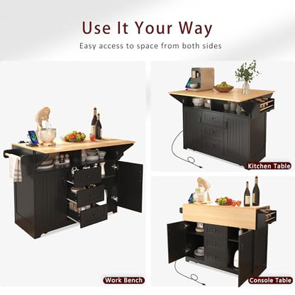 Kitchen Island with 2 Drop Leaf, Home Cart Island on Wheels Foldable Dining Table with Power Outlets,3 Drawers,Storage Cabinet, Tower Rack(Black) - color: Black