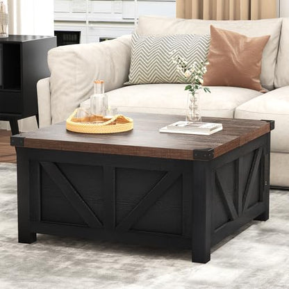 jimeimen Farmhouse Lift Top Coffee Table with Storage, Wood Square Center Table with Charging Station&USB Port, Living Room Table w/Large Hidden Space, for Living Room, Bedroom, Home Office, Black - color: Black