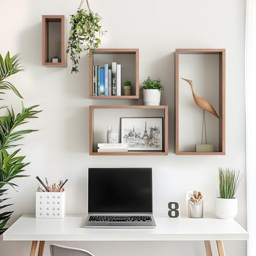 Wall Mount Shelf Set of 4, Floating Cube Shelves for Space Discovery Home and Commercial Use, Large Size Shelves Set, Dark Walnut - color: Dark Walnut, size: Set4