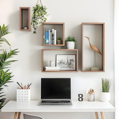 Wall Mount Shelf Set of 4, Floating Cube Shelves for Space Discovery Home and Commercial Use, Large Size Shelves Set, Dark Walnut - color: Dark Walnut, size: Set4