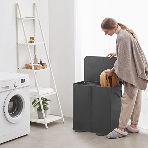 Lifewit Double Laundry Hamper with Lid and Removable Laundry Bags, Large Collapsible 2 Dividers Dirty Clothes Basket with Handles for Bedroom Laundry Room Closet Bathroom College, 136L Black - color: Black, size: 136L