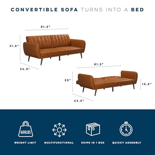 Novogratz Brittany Futon Sofa Bed and Couch Sleeper, Camel Faux Leather - color: Camel Faux Leather