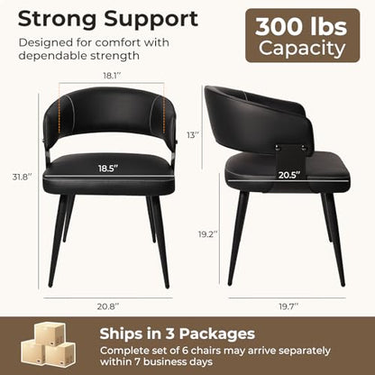Dining Chairs Set of 6, Modern Upholstered Faux Leather Kitchen Chairs with Curved Back, Easy to Assemble & Clean for Dining Room, Restaurant, Cafe, Black - color: Black, size: Set of 6