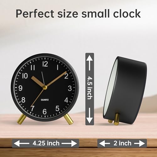 JALL Analog Alarm Clock, 4 inch Super Silent Non Ticking Small Clock with Night Light, Battery Operated, Simple Design, Easy Setting for Office, Bedroom, Bedside, Desk, Teens, Elders, Adult, Black - color: Black+gold