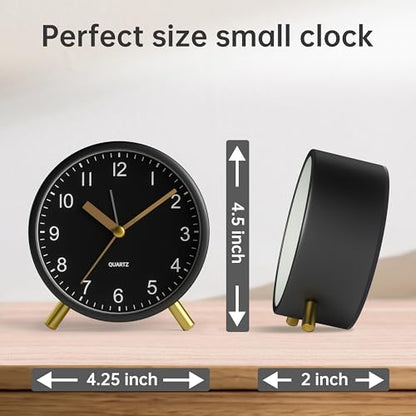 JALL Analog Alarm Clock, 4 inch Super Silent Non Ticking Small Clock with Night Light, Battery Operated, Simple Design, Easy Setting for Office, Bedroom, Bedside, Desk, Teens, Elders, Adult, Black - color: Black+gold