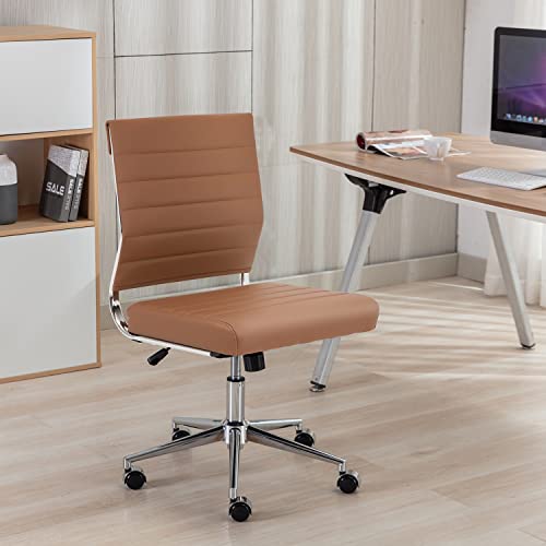 Okeysen Brown Armless Office Desk Chair, Mid Back Ergonomic Swivel Conference Room Chairs, Adjustable Height PU Leather Home Desk Chair, Modern Small Rolling Computer Task Chair - color: Brown