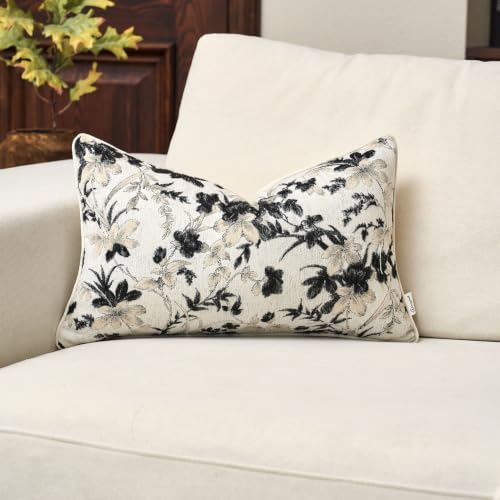 Vintage Floral Pillow Cover 12 x 20 Inches, Nature Chenille Rectangle Throw Pillow Cover Soft Luxury Neutral Accent Couch Pillow Cover for Living Room Bedroom, Black - color: Black, size: 20" x 12" (Pack of 1)