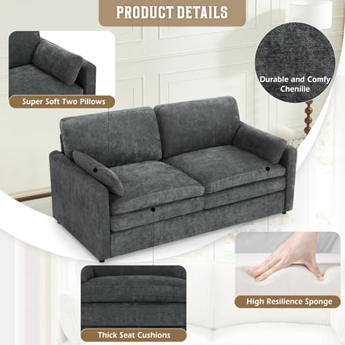 69" Chenille Soft Sofa w/Well-Filled Backrests, Grey | Modern Loveseat w/Plump Pillows, 2 Seater Upholstered Couch w/Thick & Comfy Cushions for Living Room, Bedroom - color: Grey, size: Loveseat