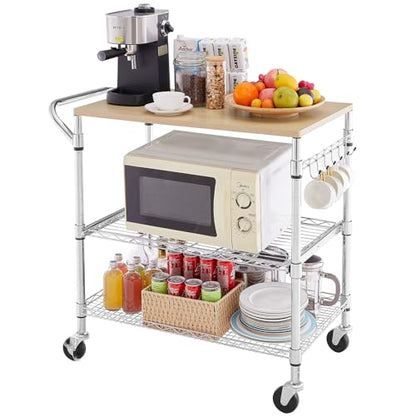 3 Tier Rolling Kitchen Cart with Wood Tabletop, Kitchen Island Carts with Wheels & Slider Shelf, Microwave Cart on Wheels, Coffee Cart with Hooks, 35.4" L*18.1" W*31.9" H，Wood+Chrome - size: 35.4"L*18.1"W*31.9"H with Slider Shelf