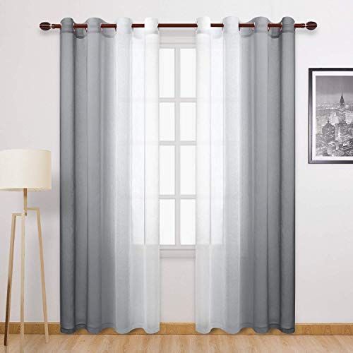 DWCN Grey Faux Linen Ombre Sheer Curtains - Semi Voile Gradient Grommet Top Curtains for Bedroom and Living Room, Set of 2 Window Curtain Panels, 52 x 84 Inches Long - color: Grey, size: 52"W x 84"L (Pack of 2)