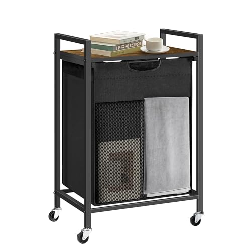 Laundry Hamper with Shelf, Laundry Basket with 1 Large Pull-Out Removable Bags, 1 x 18.3 Gallons(69L), Metal Frame, Lockable Wheels, for Laundry Room and Bedroom - color: Black and Rust (1 Bag 69L)