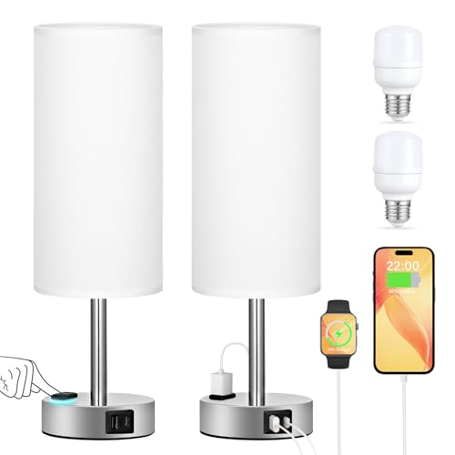 Touch Bedside Table Lamps Set of 2 - Bedroom Lamp with USB A+C, AC Outlet | 3-Way Dimmable, LED Bulb Included, White Fabric Lampshade, Sleek Silver Metal Base & Pole, 14" Small Nightstand Lamp for Desk - color: White Shade Silver Base, size: 14.0In