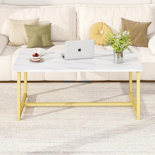 35.4" Rectangular Coffee Table, Modern Industrial Style Coffee Table Center Table with Metal Frame for Small Space Living Room, Apartment, Office, Easy Assembly, White - color: White