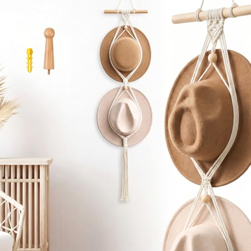 Macrame Hat Hangers Racks Boho Cowboy Hats Holders Western Display Organizer Storage decor Back of Door for Wall(White,Two Hats Style) - color: White, style: Two Hats Style