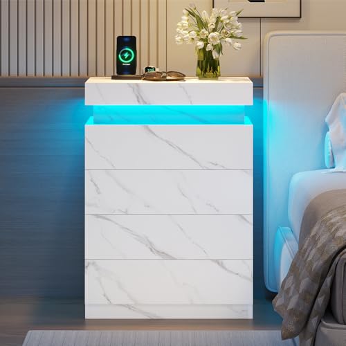 ADORNEVE Night Stand with Drawers and LED Lights,White Marble Color | Night Stand with Sliding Top,Bedside Table with Charging Station,Modern End Side Table for Bedroom - color: White Marble, size: 1PC