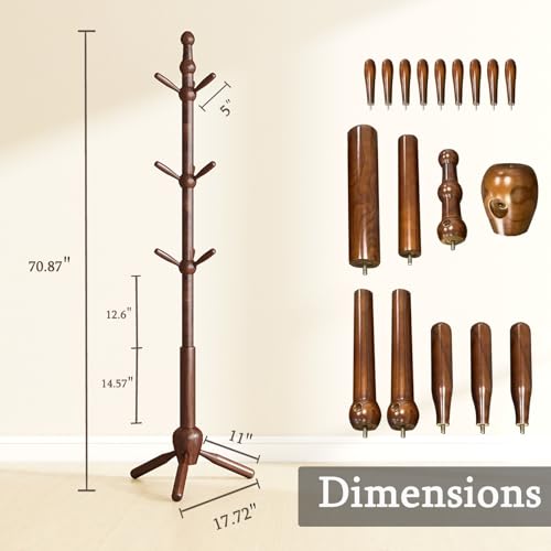 Solid Wood Coat Rack Stand, Vintage Heavy Duty Coat Hanger Stand with 9 Hooks, 3 Adjustable Size Sturdy Coat Tree for Living Room, Entryway, Office, Hallway, Brown - color: Brown