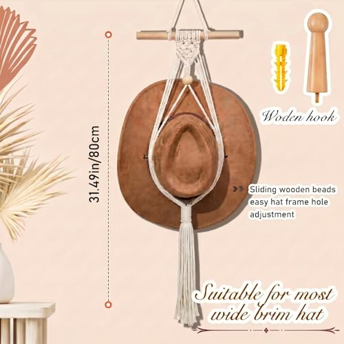 Macrame Hat Hangers Racks Boho Cowboy Hats Holders Western Display Organizer Storage decor Back of Door for Wall(White,One Hat Style) - color: White, style: One Hat Style