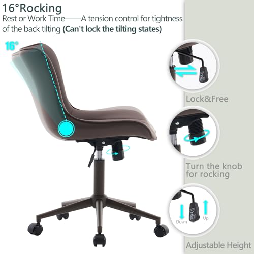 YOUTASTE Armless Office Desk Chair with Wheels, Adjustable Swivel Vanity Chair, PU Leather Upholstered, Ergonomic Back Support, Modern All Brown Computer Chair for Home Office, Bedroom, Study - color: All Brown