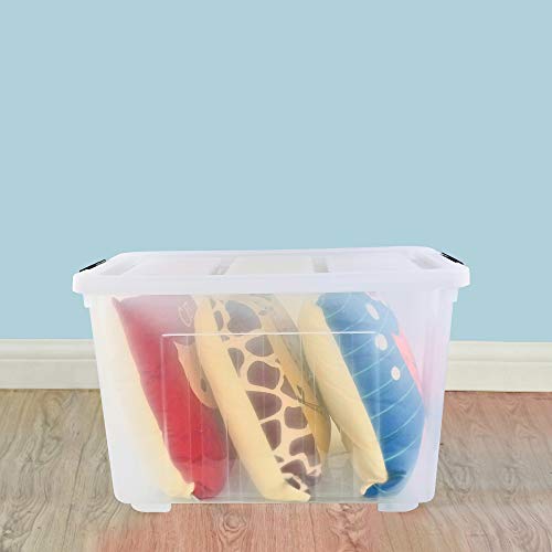 4-Pack 70 L Large Clear Storage Boxes, Plastic Latching Boxes | Extra Large Capacity, Secure Latch Lock Lids, Smooth Rolling Wheels, Multi-Purpose Storage Bin, for Closet Garage Basement - size: 70 L