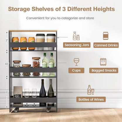 Slim Storage Cart, 4-Tier Rolling Cart with Handle & Wooden Top for Kitchen Bathroom Laundry Living Room Narrow Small Spaces, 5 Inches Width (Grey & Natural) - color: Grey & Natural