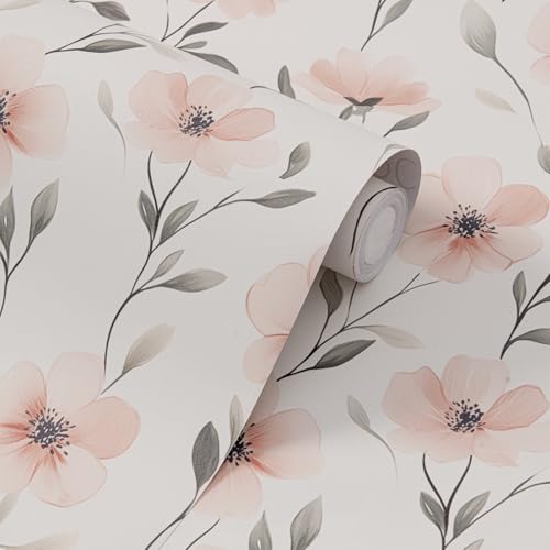 FUKU MON Soft Pink Boho Floral Peel and Stick Wallpaper Vintage Watercolor Removable Self Adhesive Wallpaper, Waterproof Renter Friendly Contact Paper for Girls Bedroom Nursery Decor,15.7"x394" - color: White, size: 394" x 15.7"