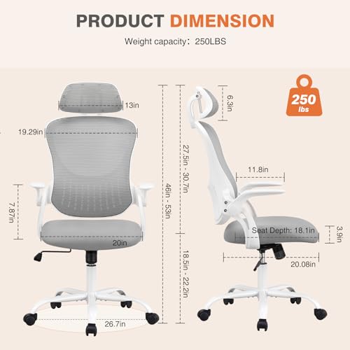 Sweetcrispy Computer Desk Chair, Mesh Office Chair with Lumbar Support | Ergonomic High-Back, Rolling Work, Adjustable Headrests, Flip-up Arms, Home Bedroom Study, Grey - color: Grey, style: Flip-up Armrest