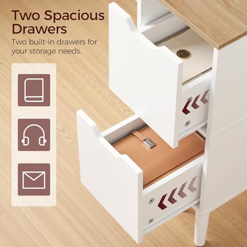 MAHANCRIS Narrow Nightstand with 2 Drawers, Skinny End Table, Modern Wooded Bedside Table, Slim Side Table for Small Spaces, White Night Stand for Bedroom, Solid Wood Feet, Natural ETNW3601