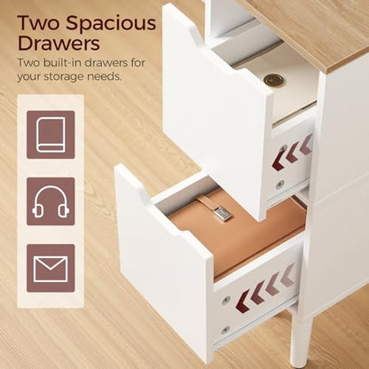 MAHANCRIS Narrow Nightstand with 2 Drawers, Skinny End Table, Modern Wooded Bedside Table, Slim Side Table for Small Spaces, White Night Stand for Bedroom, Solid Wood Feet, Natural ETNW3601