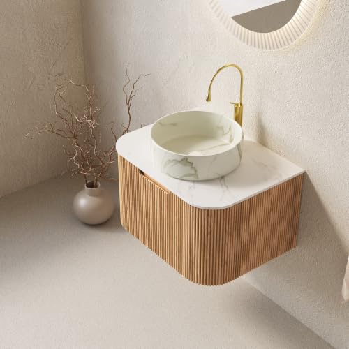 24" Floating Bathroom Vanity with Sink, Wall Mounted Plywood Cabinet, Natural Wood Grain Fluted Front, Sintered Stone Countertop, White Marble-Look Ceramic Vessel Sink, Soft-Close Drawer - color: Natural Oak Cabinet / White Marble Sink, size: 24 Inch