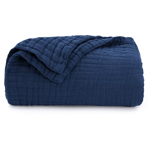Love's cabin 100% Cotton Muslin Blanket, 6 Layer Lightweight Breathable Gauze King Size Blanket 108 x 90 Inches, Soft Summer Blanket for Bed, Dark Blue - color: Dark Blue, size: King(108"x90")