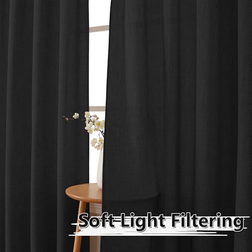 Tollpiz Short Linen Tier Curtains Rod Pocket Semi Sheer Half Kitchen Curtain Burlap Light Filtering Thick Linen Drapes for Bathroom, 30 x 24 inches Long, Black, Set of 2 Panels - color: Black, size: 30"W x 24"L (Pack of 2)