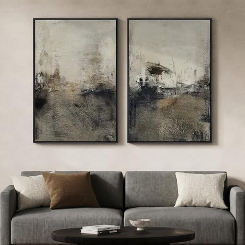 Large Framed Neutral Abstract Wall Art Set of 2 for Living Room, Wabi Sabi Modern Minimalist Black Grey Canvas Artwork for Walls, Rustic Abstract Painting Print Wall Decor for Bedroom Office, 24x36 In - color: Grey Neutral Black, size: 24" W x 36" H x 2Pc