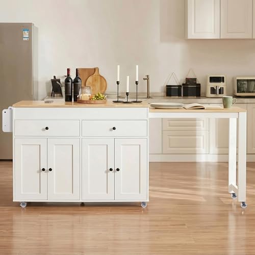 Kitchen Island, Extendable Dining Table with Storage | Extendable dining table, expands from prep station to dining table, seats up to 2 extra guests, saves space when closed - color: White