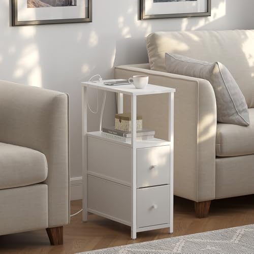 TUTOTAK Narrow End Table with Charging Station, Skinny Side Table | Bedside Table with Outlets, Nightstand with 2 Cloth Drawers, Couch Table for Living Room, Bedroom, White TB01BW055 - color: White, style: 2 Drawers & Plug