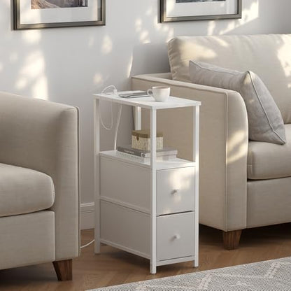 TUTOTAK Narrow End Table with Charging Station, Skinny Side Table | Bedside Table with Outlets, Nightstand with 2 Cloth Drawers, Couch Table for Living Room, Bedroom, White TB01BW055 - color: White, style: 2 Drawers & Plug