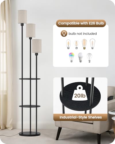 Floor Lamp with Shelves, Modern Floor Lamp with 3 Linen Shades and Foot Switch, 3-Light Standing Lamp, for Living Room, Bedroom, Study, Office, Black and Beige E53LD05 - color: Black + Beige